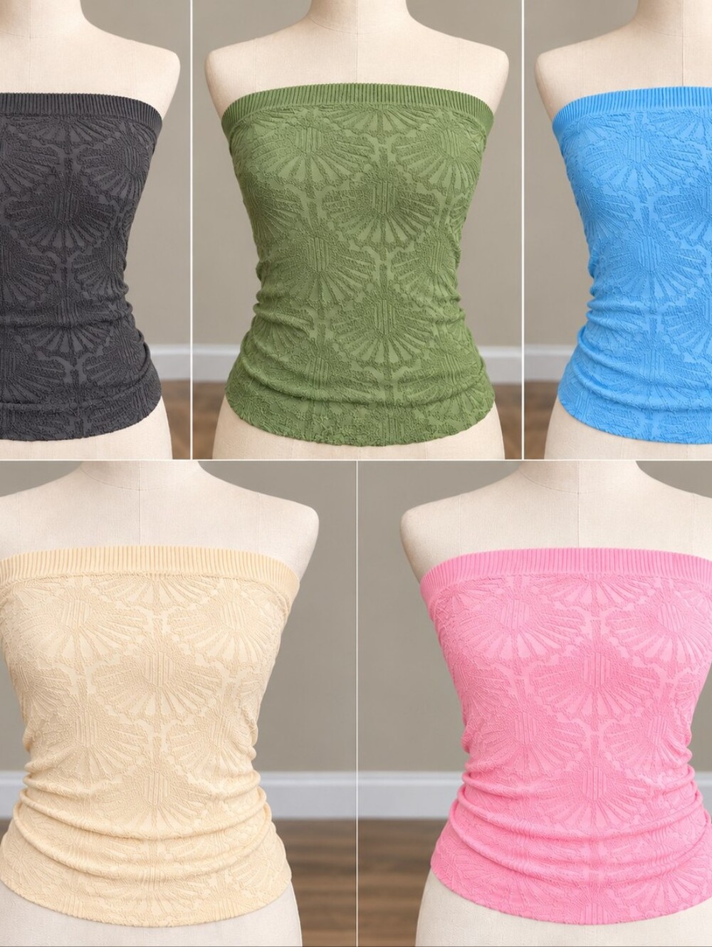 Sampeel Women’s Ribbed Scoop Tube Top - Cream, Light Blue, Black, Green, Pink